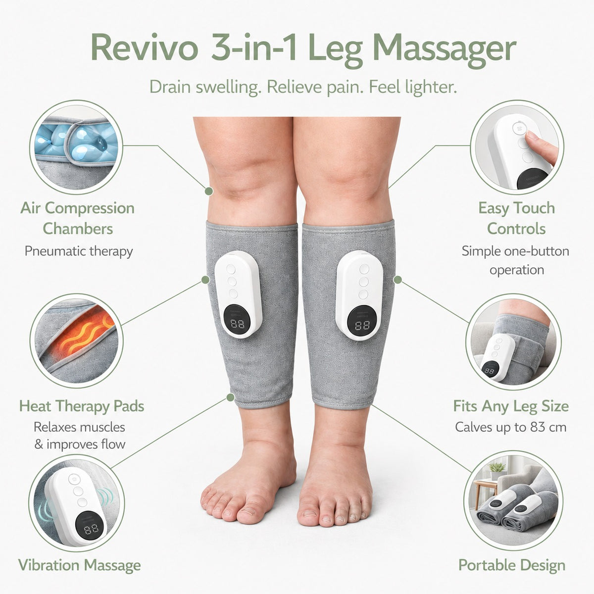 Revivo 3-in-1 Leg Massager - Relief for Swelling & Poor Circulation (One Leg)